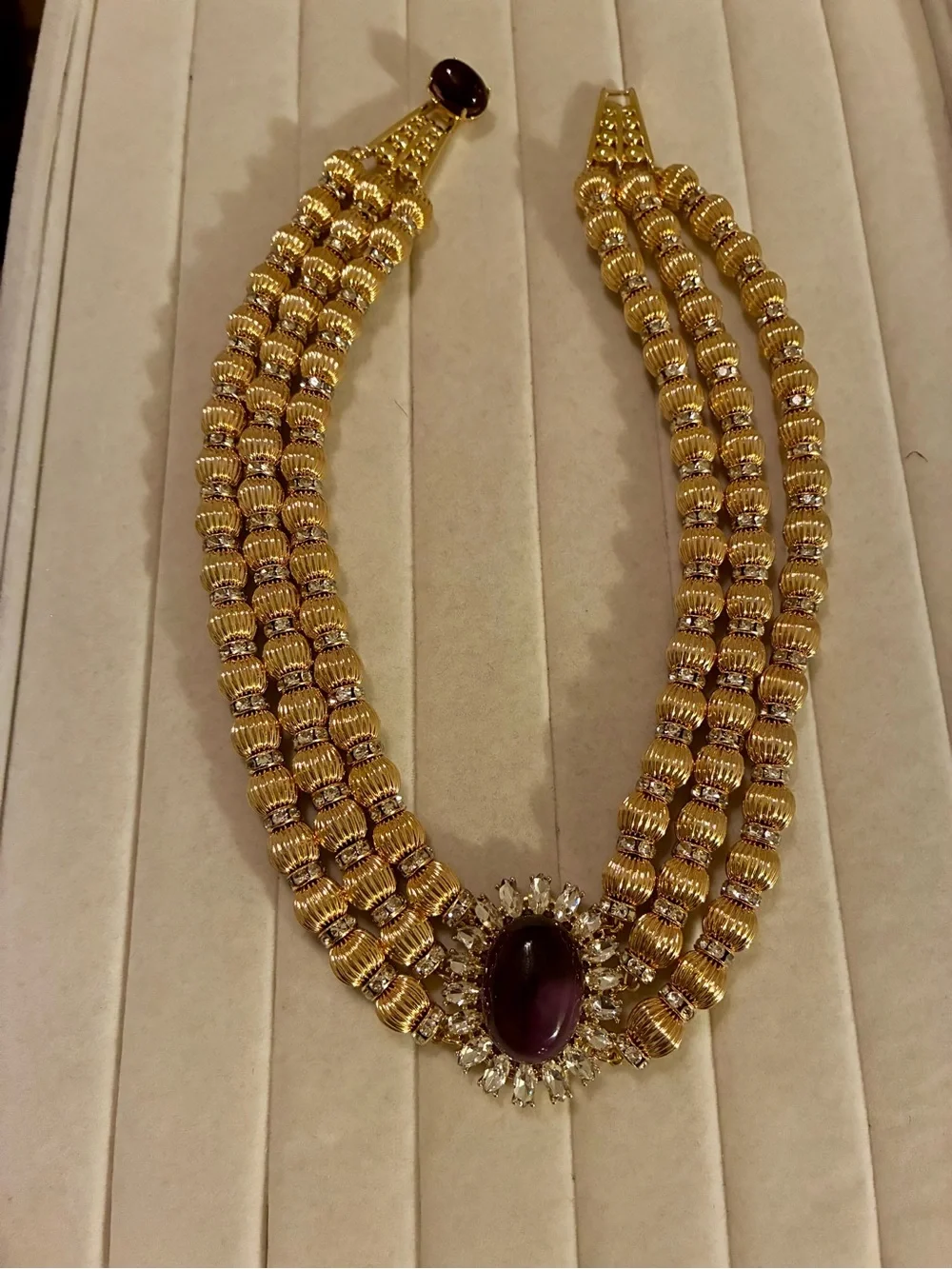 Catwalk Jon Elegant Gold Beaded Necklace with amethyst cabochon Centerpiece